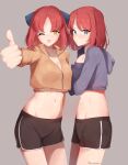  2girls ;d absurdres alternate_costume artist_name black_shorts blue_bow blue_eyes blush bow breasts cleavage collarbone cropped_hoodie english_commentary forehead grey_background grey_hoodie groin hands_on_own_chest highres hisui_(tsukihime) hood hoodie kohaku_(tsukihime) light_blush light_frown looking_at_viewer medium_breasts medium_hair midriff mintshiiii multiple_girls navel one_eye_closed parted_bangs red_hair short_shorts shorts siblings sisters smile swept_bangs thighs thumbs_up tsukihime twins yellow_eyes 