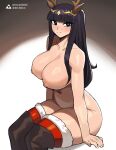  1girl animal_ears antlers artist_logo black_hair blunt_bangs breasts closed_mouth commentary donburi_(donburikazoku) fanbox_username fire_emblem fur-trimmed_thighhighs fur_trim highres invisible_chair large_breasts long_hair looking_at_viewer navel nipples nude patreon_username red_thighhighs sitting solo tharja_(fire_emblem) thick_thighs thighhighs thighs 