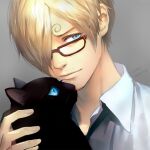  1boy animal blonde_hair blue_eyes cat closed_mouth commentary curly_eyebrows english_commentary facial_hair glasses hair_over_one_eye male_focus mixed-language_commentary one_eye_covered one_piece sanji_(one_piece) shirt short_hair solo vovo2000 