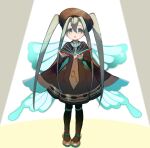 1girl aqua_nails beret black_pantyhose blue_wings book brown_cape brown_dress brown_headwear brown_necktie bug_miku_(project_voltage) butterfly_wings cape commentary_request cyawa dress full_body green_eyes green_hair hair_between_eyes hair_through_headwear hat hatsune_miku highres holding holding_book insect_wings long_necktie long_sleeves looking_up necktie open_mouth pantyhose parted_bangs pokemon project_voltage simple_background solo spotlight twintails vocaloid wings yellow_background 