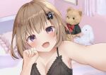  1girl :d bedroom black_bra blurry blurry_background blush bra breasts brown_hair cleavage close-up collarbone come_hither commentary fang frilled_bra frills hair_between_eyes hair_ornament hairclip hand_up happy heart highres indoors kirikaze_ren large_breasts looking_at_viewer open_mouth original purple_eyes selfie short_hair skin_fang smile solo stuffed_animal stuffed_rabbit stuffed_toy teddy_bear underwear 