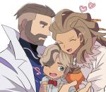  1girl 2boys arven_(pokemon) beard brown_eyes closed_eyes coat commentary_request facial_hair family father_and_son green_eyes grey_hair heart mother_and_son multiple_boys one_eye_closed open_mouth pokemon pokemon_sv rem_(eyes_410) sada_(pokemon) simple_background smile spoilers turo_(pokemon) upper_body white_background white_coat 