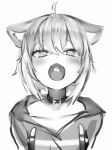  1girl :o ahoge animal_ear_fluff animal_ears bird blush cat_ears cat_girl chick collar collarbone dot_nose drawstring fangs greyscale hair_between_eyes highres hololive hood hood_down hoodie looking_at_viewer monochrome nanashi_(nlo) nekomata_okayu open_mouth short_hair simple_background sketch skin_fangs solo symbol-shaped_pupils upper_body virtual_youtuber white_background x-shaped_pupils 