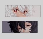  2boys black_hair close-up commentary_request cracked_skin dual_persona dying eye_focus eyelashes grey_background hair_between_eyes half-closed_eyes highres kuga_yuuma looking_at_viewer male_focus multiple_boys red_eyes short_hair simple_background white_background white_hair world_trigger yuzu_mugi 