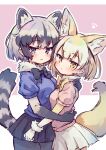  2girls animal_ears black_bow black_bowtie black_pantyhose black_skirt blonde_hair blue_eyes blue_sweater blush bow bowtie comiket_103 common_raccoon_(kemono_friends) cowboy_shot elbow_gloves extra_ears fennec_(kemono_friends) fox_ears fox_girl fox_tail fur_collar gloves grey_gloves grey_hair hair_between_eyes height_difference highres kemono_friends kolshica multicolored_hair multiple_girls pantyhose pink_sweater pleated_skirt puffy_short_sleeves puffy_sleeves raccoon_ears raccoon_girl raccoon_tail short_hair short_sleeves sidelocks skirt sweater tail two-tone_gloves white_fur white_gloves white_hair white_skirt yellow_bow yellow_bowtie yellow_eyes yellow_gloves 