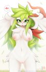 &lt;3 absurd_res anthro breasts chest_tuft female fermusieboir4 front_view fur generation_4_pokemon genitals green_eyes green_hair hair hands_behind_back hi_res legendary_pokemon long_hair looking_at_viewer nintendo pokemon pokemon_(species) pussy shaymin sky_forme_shaymin smile smug solo standing tuft white_body white_fur wide_hips