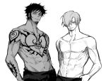  2boys abs arm_tattoo blue_eyes chest_tattoo closed_mouth collarbone curly_eyebrows earrings english_commentary facial_hair goatee jewelry looking_at_viewer male_focus monochrome multiple_boys nipples one_piece pants pectorals sanji_(one_piece) short_hair shoulder_tattoo tattoo toned toned_male topless_male trafalgar_law xve009 yellow_eyes 