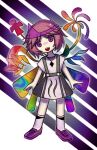  1other androgynous brown_footwear dress euthan highres len&#039;en open_mouth other_focus pink_eyes pink_hair rainbow_wings shion_(len&#039;en) shoes short_hair short_sleeves smile socks solo teeth triangular_headpiece upper_teeth_only white_dress white_socks wings 