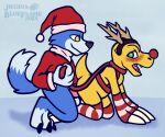 absurd_res agumon anal anal_penetration bandai_namco blue_body blue_fur canid canine canis christmas christmas_clothing christmas_headwear claws clothing digimon digimon_(species) dinosaur domestic_dog fur gaomon harness hat headgear headwear hi_res holidays male male/male mammal penetration reptile santa_hat scales scalie white_body white_fur yellow_body yellow_scales yoshio_hiroshi