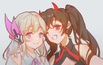  2girls armlet bare_shoulders blonde_hair brown_hair chinese_commentary closed_mouth clothing_cutout cloudyman collared_shirt commentary demon_horns double-parted_bangs grey_background halterneck headgear heads_together highres horns light_blush liv:_lux_(punishing:_gray_raven) liv_(punishing:_gray_raven) looking_at_viewer lucia:_dawn_(punishing:_gray_raven) lucia_(punishing:_gray_raven) medium_hair multiple_girls neckerchief one_eye_closed parted_lips pink_eyes pink_neckerchief portrait procreate_(medium) punishing:_gray_raven red_eyes selfie shirt shoulder_cutout simple_background small_horns smile twintails white_shirt 