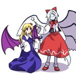  2girls bat_wings black_vest blonde_hair blue_dress closed_mouth collared_shirt colored_skin commentary_request cosplay costume_switch dress elis_(touhou) elis_(touhou)_(cosplay) flat_chest full_body hair_ribbon highres kaigen_1025 long_hair multiple_girls multiple_wings neck_ribbon open_clothes open_vest oversized_clothes pointy_ears purple_eyes red_footwear red_ribbon red_skirt ribbon sariel_(touhou) sariel_(touhou)_(cosplay) shirt simple_background skirt smile socks touhou touhou_(pc-98) vest white_background white_hair white_shirt white_skin white_socks wings 