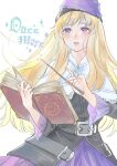  1girl absurdres belt blonde_hair blush book capelet commentary_request grimgrimoire hat highres holding holding_book holding_wand kanikamaseiun lillet_blan long_hair looking_to_the_side parted_lips purple_eyes solo upper_body wand wizard_hat 