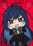  1girl @_@ ado_(utaite) ahoge black_bow black_bowtie black_coat black_pants blue_eyes blue_hair blush bow bowtie chando_(ado) chibi cloud_nine_inc coat colored_inner_hair commentary_request dark_blue_hair fang flower_brooch gloves hands_on_own_cheeks hands_on_own_face highres long_hair long_sleeves looking_at_viewer mole mole_under_eye multicolored_hair open_clothes open_coat open_mouth pants red_background riseno shirt solo sweatdrop two-tone_hair utaite very_long_hair white_gloves white_shirt 