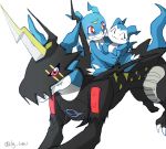  4_legs @dg_luttu ambiguous_gender armor black_armor blue_body carrying claws clothing demiveemon digimon digimon_(species) evolutionary_family fangs feral headgear headwear horn markings raidramon red_eyes reptile riding scalie simple_background smile toe_claws veemon white_body white_claws 