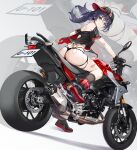  1girl absurdres ass azur_lane bandaid bandaid_on_leg baseball_cap bikini bikini_bottom_only black_gloves black_hair black_shirt bmw character_name from_behind gloves hat highres hundun_no_bifang looking_at_viewer looking_back motor_vehicle motorcycle off_shoulder on_motorcycle shirt sitting smile swimsuit u-101_(azur_lane) zoom_layer 