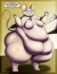 2023 absurd_res anthro belly big_belly breasts buckteeth cake cape cheese cheesecake clothing dairy_products deep_navel dessert digital_media_(artwork) english_text eyewear featureless_breasts female food glasses hi_res louise_thrushwood mammal mouse murid murine navel obese obese_anthro obese_female open_mouth overweight overweight_anthro overweight_female rodent solo teeth text thick_thighs viroveteruscy whipped_cream