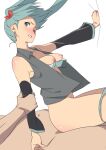  1boy 1girl aqua_bra aqua_hair aqua_panties blush bra bra_pull breasts clenched_teeth clothes_pull hanging_breasts hatsune_miku hetero nipples one_eye_closed onsenonsen678 open_clothes open_shirt panties panty_pull reverse_cowgirl_position straddling teeth thighs twintails underwear vocaloid 