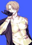  1boy adjusting_clothes biting black_gloves black_shirt blonde_hair blue_background burn_scar english_commentary glove_biting gloves highres looking_at_viewer male_focus muscular muscular_male nipples one_piece open_clothes open_shirt pants pectorals sabo_(one_piece) scar scar_across_eye scar_on_face shirt short_hair smile solo teeth xve009 
