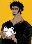  1boy animal black_shirt chest_tattoo closed_mouth earrings english_commentary facial_hair glasses goatee hand_tattoo highres holding holding_animal jewelry light_frown long_sleeves looking_at_viewer male_focus one_piece shirt short_hair tattoo tongue tongue_out trafalgar_law xve009 yellow_background yellow_eyes 