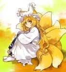  1girl alternate_hair_length alternate_hairstyle blonde_hair blue_tabard closed_mouth commentary_request dress fox_girl fox_tail frilled_hat frills hat kaigen_1025 kitsune kyuubi long_hair long_sleeves multiple_tails no_shoes sitting socks solo tabard tail tassel touhou white_dress white_headwear white_socks yakumo_ran yellow_eyes 