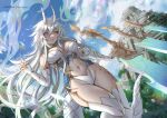  1girl blue_sky breasts closed_mouth cloud cloudy_sky commission day gauntlets grey_eyes hair_between_eyes highres horns large_breasts long_hair looking_at_viewer navel original outdoors ryuuneart sky smile solo sword tail temple thighs very_long_hair weapon white_hair 