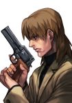  1boy brown_eyes brown_hair closed_mouth coat ghost_in_the_shell ghost_in_the_shell_stand_alone_complex gun handgun hankuri holding holding_gun holding_weapon male_focus mateba_2008m mullet profile revolver solo sweater togusa turtleneck turtleneck_sweater weapon white_background 