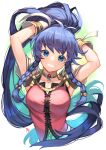  arms_up blue_eyes blue_hair braid commentary cross-laced_clothes cross-laced_top fire_emblem fire_emblem:_the_sacred_stones grin highres jewelry long_hair looking_at_viewer nakabayashi_zun neck_ring pink_shirt ponytail shirt side_braids sleeveless smile tana_(fire_emblem) tying_hair upper_body very_long_hair 