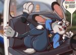2019 3_toes 4_fingers anthro big_butt butt car clothed clothing disney english_text feet female fingers hi_res hyenatig_(artist) inside_car judy_hopps lagomorph legs_up leporid long_ears looking_at_object looking_at_phone lying mammal on_back pawpads paws police_uniform purple_eyes rabbit reading scut_tail short_tail smile solo solo_focus tail text toes uniform vehicle zootopia