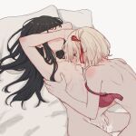  2girls armpits back black_hair blonde_hair blush bob_cut bra breast_sucking breasts commentary_request completely_nude covering_own_eyes ear_blush elbow_blush fingering hair_ribbon highres inoue_takina long_hair lycoris_recoil lying multiple_girls nishikigi_chisato nude on_back one_side_up open_mouth pillow pussy_juice red_bra red_eyes red_ribbon ribbon short_hair sidelocks small_breasts sweat teeth underwear undone_bra yarou_(0tyaro) yuri 