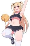  1girl alternate_costume arihara_nanami arm_up armpits black_footwear black_scrunchie black_skirt blonde_hair blush breasts cheerleader commentary cross-laced_footwear curvy eyes_visible_through_hair foot_out_of_frame hair_between_eyes hair_ornament hair_scrunchie hand_up highres knee_up long_hair looking_at_viewer medium_breasts miniskirt navel open_mouth panties panty_peek pleated_skirt pom_pom_(cheerleading) red_eyes riddle_joker round_teeth scrunchie shoes simple_background skindentation skirt smile sneakers solo sports_bra standing standing_on_one_leg stomach straight_hair sweat symbol-only_commentary teeth thighhighs thighs two_side_up underboob underwear upper_teeth_only very_long_hair white_background white_panties white_thighhighs zettai_ryouiki zlmh7okwwbmghfo 