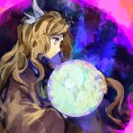  1girl ascot blonde_hair blue_eyes blue_shirt brown_jacket closed_mouth commentary_request forehead_jewel from_side green_ascot holding_orb jacket kaigen_1025 kikuri_(touhou) long_hair long_sleeves orb shirt touhou touhou_(pc-98) upper_body 