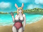 5_fingers anthro beach blonde_hair breasts cleavage clothed clothing cloud female fingers fur hair kaia_(sojourn) lagomorph leporid mammal oneflymagpie rabbit raised_hand sand seaside solo standing swimwear thigh_gap water white_body white_eyes white_fur