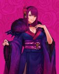  1girl alternate_costume breasts cleavage fire_emblem fire_emblem_engage fur-trimmed_kimono fur_trim hair_ornament highres ivy_(fire_emblem) japanese_clothes kimono large_breasts long_hair looking_at_viewer mole mole_under_mouth obi open_mouth purple_eyes purple_hair sash sethkiel smile solo wide_sleeves 