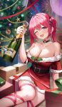  1girl arm_support bare_shoulders blush bottle breasts choker christmas_ornaments christmas_present christmas_tree cleavage collarbone dress fang fur-trimmed_dress fur-trimmed_gloves fur_trim gift gloves goddess_of_victory:_nikke highres holding holding_bottle indoors jewelry large_breasts looking_at_viewer mast_(nikke) off-shoulder_dress off_shoulder one_eye_closed open_mouth pink_eyes pink_hair purple_eyes red_dress red_gloves santa_costume santa_dress shuvi_(shuvi1125) sitting skin_fang skull_choker smile solo 