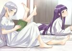 2girls absurdres barefoot bed_sheet blunt_bangs blush book breasts closed_mouth collarbone commentary dress earrings elf eyelashes feet feet_up fern_(sousou_no_frieren) frieren from_side full_body green_eyes grey_hair grimoire highres holding holding_book indoors jewelry knee_up large_breasts long_hair long_sleeves looking_at_viewer lying mbr90munouk multiple_girls on_bed on_stomach open_book pillow pointy_ears purple_eyes purple_hair short_eyebrows signature sitting small_breasts smile sousou_no_frieren the_pose toenails toes twitter_username very_long_hair white_dress 