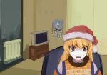  1girl blonde_hair chair christmas_sweater flandre_scarlet frown hat indoors long_hair long_sleeves matara_okina meme open_mouth orange_sleeves orange_tabard parody santa_hat sitting solo tabard television touhou yellow_eyes yuboslavia 