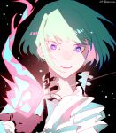  1boy absurdres ascot black_background black_gloves black_jacket fire gloves green_fire green_hair highres jacket light_particles lio_fotia male_focus outstretched_hand pink_fire promare purple_eyes pyrokinesis reaching reaching_towards_viewer short_hair short_hair_with_long_locks sidelocks simple_background smile so-rann solo upper_body white_ascot 