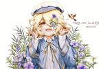  1boy anniversary bandage_over_one_eye bandages billie_x bird blonde_hair blue_capelet blue_jacket capelet english_text engrish_text flower happy_birthday hat jacket leaf male_focus messy_hair oliver_(vocaloid) one_eye_covered open_mouth purple_flower ranguage ribbon sailor_hat short_hair simple_background teeth vocaloid white_background yellow_eyes yellow_ribbon 