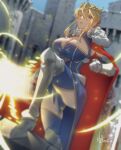  1girl ahoge artoria_pendragon_(fate) artoria_pendragon_(lancer)_(fate) blonde_hair breasts cape cleavage cleavage_cutout clothing_cutout crown fate/grand_order fate_(series) fur-trimmed_cape fur_trim gauntlets highres holding holding_polearm holding_weapon lance looking_at_viewer polearm red_cape sleeveless sleeveless_turtleneck solo turtleneck weapon xphlln 