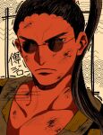  1boy black_eyes black_hair closed_mouth commentary_request denjirou_(one_piece) high_ponytail highres injury larugo0513 male_focus one_piece ponytail round_eyewear solo sunglasses 