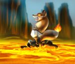 anthro armello bodily_fluids burning butt butt_on_fire canid canine cream.pup detailed_background female fire fox hand_on_butt lava mammal open_mouth pain scarlet_(armello) solo tail tail_on_fire tears
