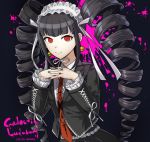  1girl artist_name bangs black_hair black_nails bonnet celestia_ludenberck character_name commentary_request danganronpa danganronpa_1 drill_hair earrings frills gothic_lolita hairband jewelry lolita_fashion long_hair looking_at_viewer nail_polish necktie pink_blood red_eyes red_neckwear ribbon simple_background smile solo songmil twin_drills twintails very_long_hair white_ribbon 