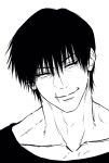  1boy collarbone fushiguro_touji greyscale highres jujutsu_kaisen lips male_focus monochrome portrait scar short_hair smirk solo sso_s white_background 