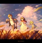  1girl 2boys armin_arlert black_hair blonde_hair blurry blurry_foreground brown_hair brown_jacket brown_pants cardigan child cloud cloudy_sky collared_shirt dress eren_yeager grass grey_shirt hair_between_eyes highres jacket letterboxed long_dress long_sleeves medium_hair mikasa_ackerman multiple_boys noinoichebura open_mouth outdoors pants pink_cardigan red_scarf running scarf shingeki_no_kyojin shirt short_hair sky smile sweatdrop twitter_username white_dress white_shirt 