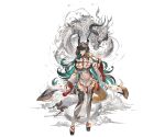  1girl black_hair breasts detached_sleeves dragon draph full_body granblue_fantasy green_eyes hair_ornament holding horns long_hair minaba_hideo multicolored_hair official_art payila_(granblue_fantasy) pelvic_curtain pointy_ears sandals see-through solo tassel tassel_hair_ornament thighhighs third-party_source transparent_background two-tone_hair wide_sleeves 