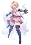  1girl :d belt black_footwear black_gloves blonde_hair blush boots bow brown_eyes collarbone commentary_request djeeta_(granblue_fantasy) dot_nose dress fighter_(granblue_fantasy) floral_background flower full_body fuyu_no_usagi gloves granblue_fantasy hair_intakes hairband highres legs_apart looking_at_viewer open_mouth outstretched_arms pink_bow pink_dress pink_hairband red_flower red_rose rose short_dress short_hair smile solo spread_arms sword thigh_boots vambraces weapon white_background zettai_ryouiki 