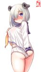 1girl artist_logo ass blue_eyes blush breasts clothes_writing commentary_request cosplay cowboy_shot dated dress dress_pull from_behind hair_ornament hair_over_one_eye hairclip hamakaze_(kantai_collection) headgear highres kanon_(kurogane_knights) kantai_collection large_breasts looking_at_viewer looking_back neckerchief nose_blush panties sailor_dress short_dress short_hair silver_hair simple_background solo speaking_tube_headset underwear white_background white_panties yellow_neckwear yukikaze_(kantai_collection) yukikaze_(kantai_collection)_(cosplay) 