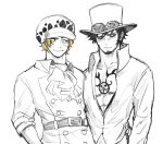  2boys ascot belt black_hair blonde_hair blush borrowed_clothes burn_scar chest_tattoo closed_mouth couple earrings english_commentary facial_hair fur_hat goatee goggles goggles_on_headwear hand_on_another&#039;s_hip hat headwear_switch highres jewelry long_sleeves male_focus monochrome multiple_boys one_piece sabo_(one_piece) scar scar_across_eye scar_on_face shirt short_hair sketch smile tattoo top_hat trafalgar_law xve009 yaoi 