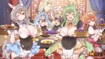  5girls absurdres ahoge animal_ears apron blue_eyes bow breasts cat character_request cleavage cleavage_cutout closed_eyes clothing_cutout cone_hair_bun dress flower food frilled_apron frills garter_straps gloves green_eyes grey_hair hair_bow hair_bun hair_flower hair_ornament happy_new_year highres holding holding_food houchi_shoujo huge_breasts kanola_u large_breasts long_hair looking_at_viewer looking_up maid_headdress multicolored_hair multiple_girls official_art one_eye_closed open_mouth red_eyes ribbon smile standing thighhighs two-tone_hair 