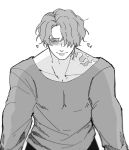  blush burn_scar closed_mouth collarbone english_commentary heart highres implied_yaoi indoors long_sleeves looking_down male_focus monochrome one_piece pants sabo_(one_piece) scar scar_across_eye scar_on_face shadow shirt short_hair smile xve009 